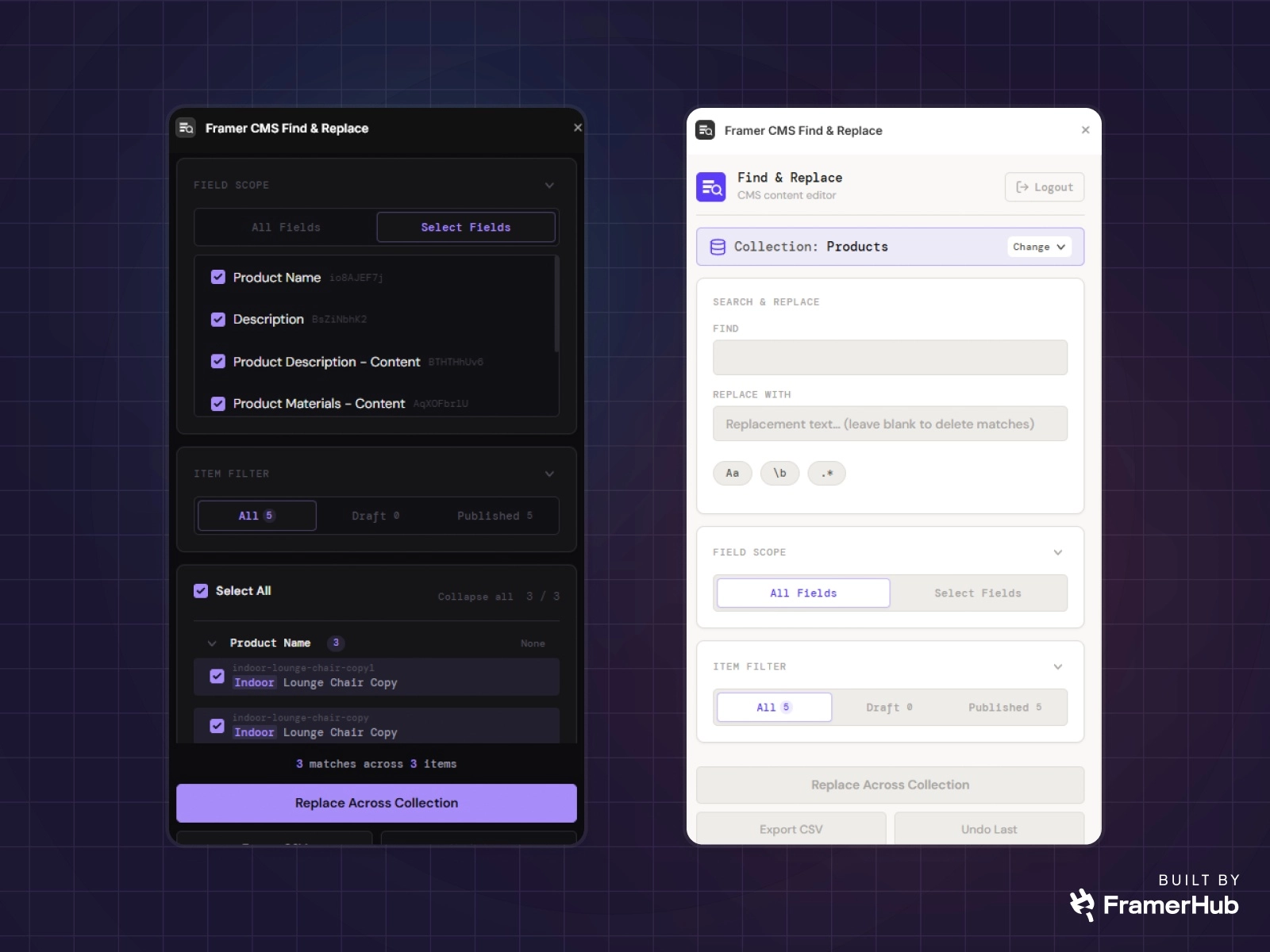 CMS Find and Replace plugin for Framer