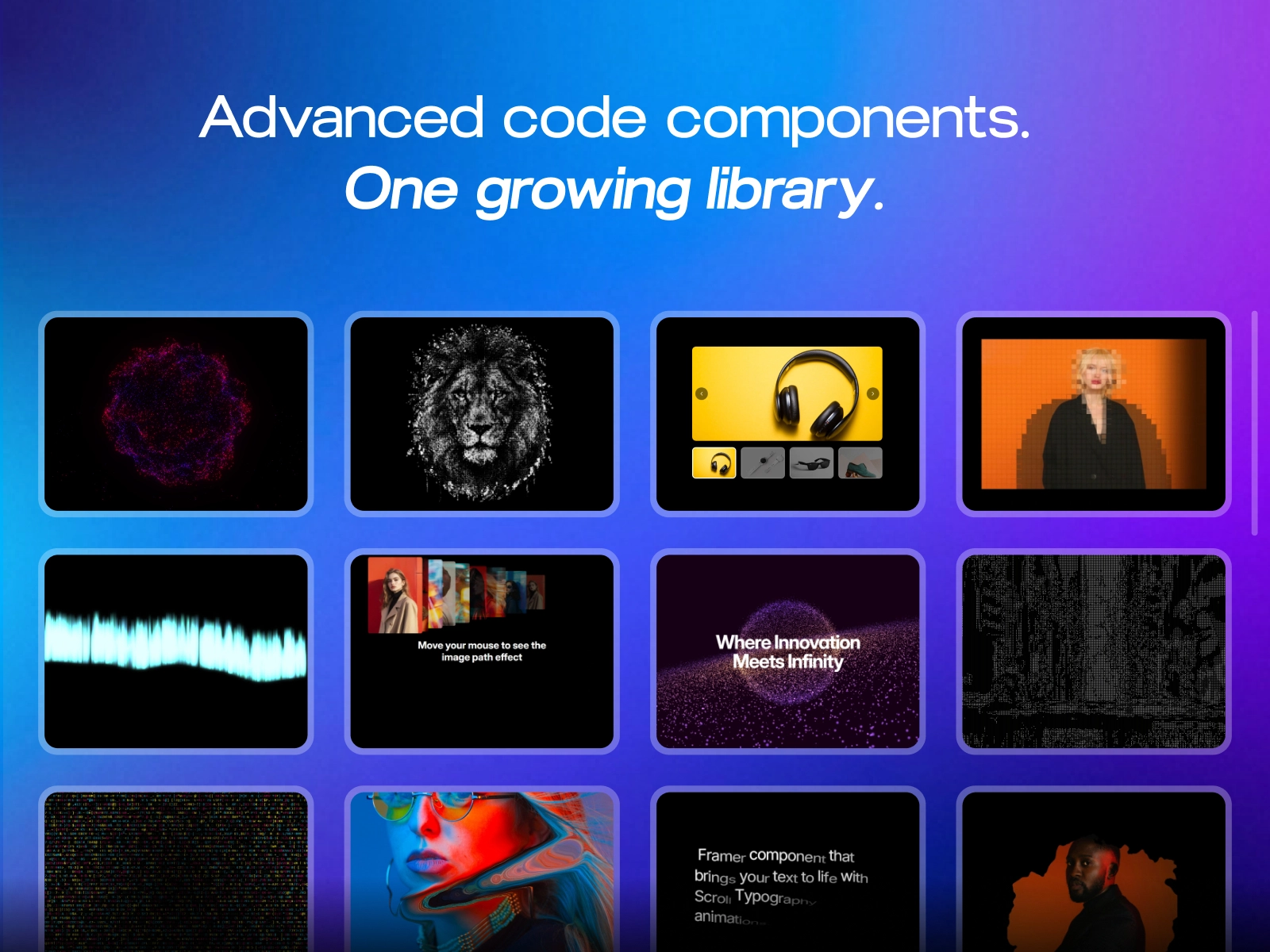 FramerHub Components plugin inside Framer showing 90+ searchable code components