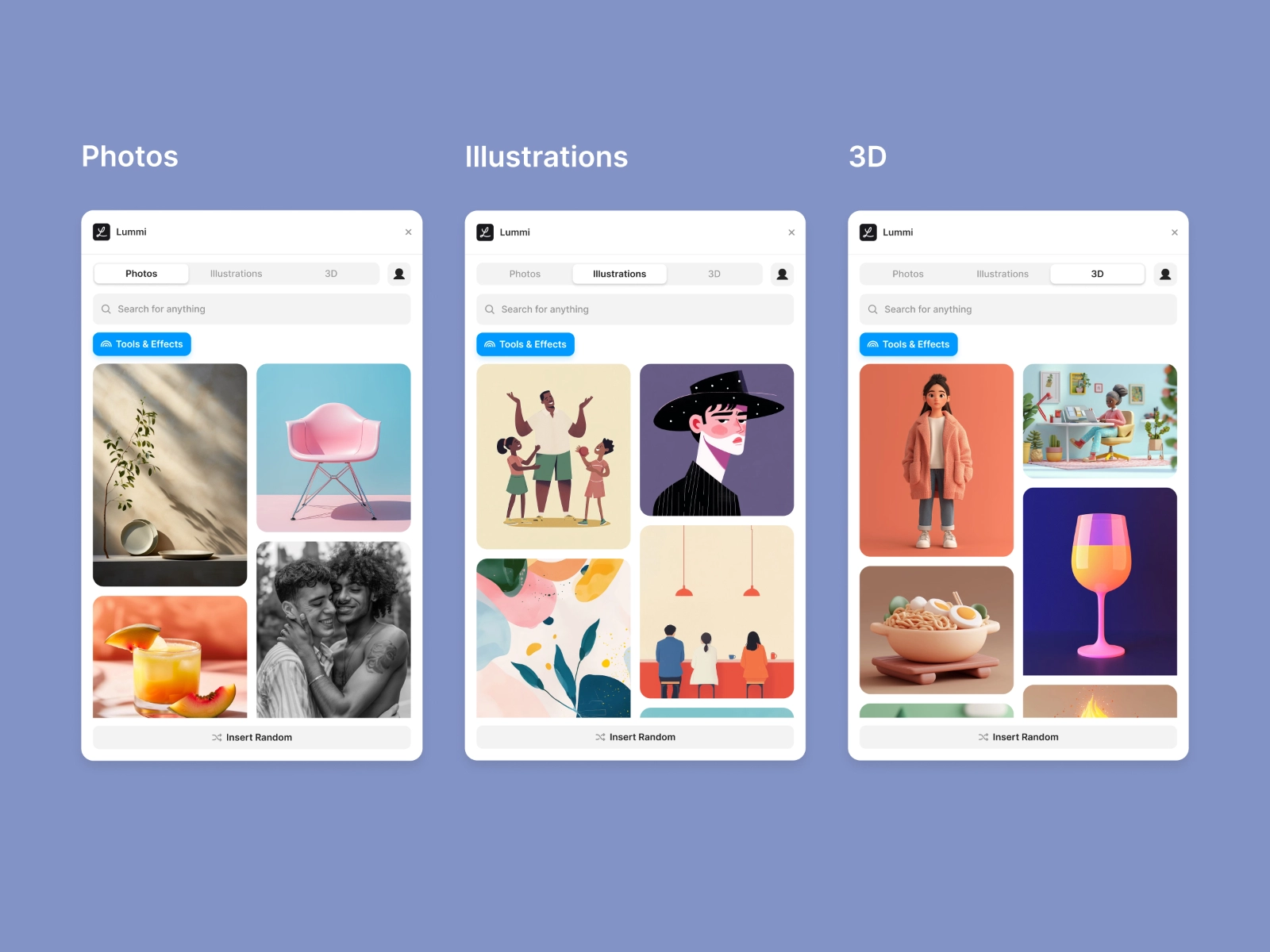 Lummi stock asset plugin for Framer showing photography and 3D asset search