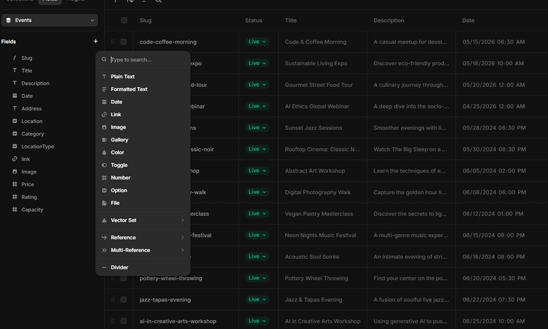 Framer CMS field types