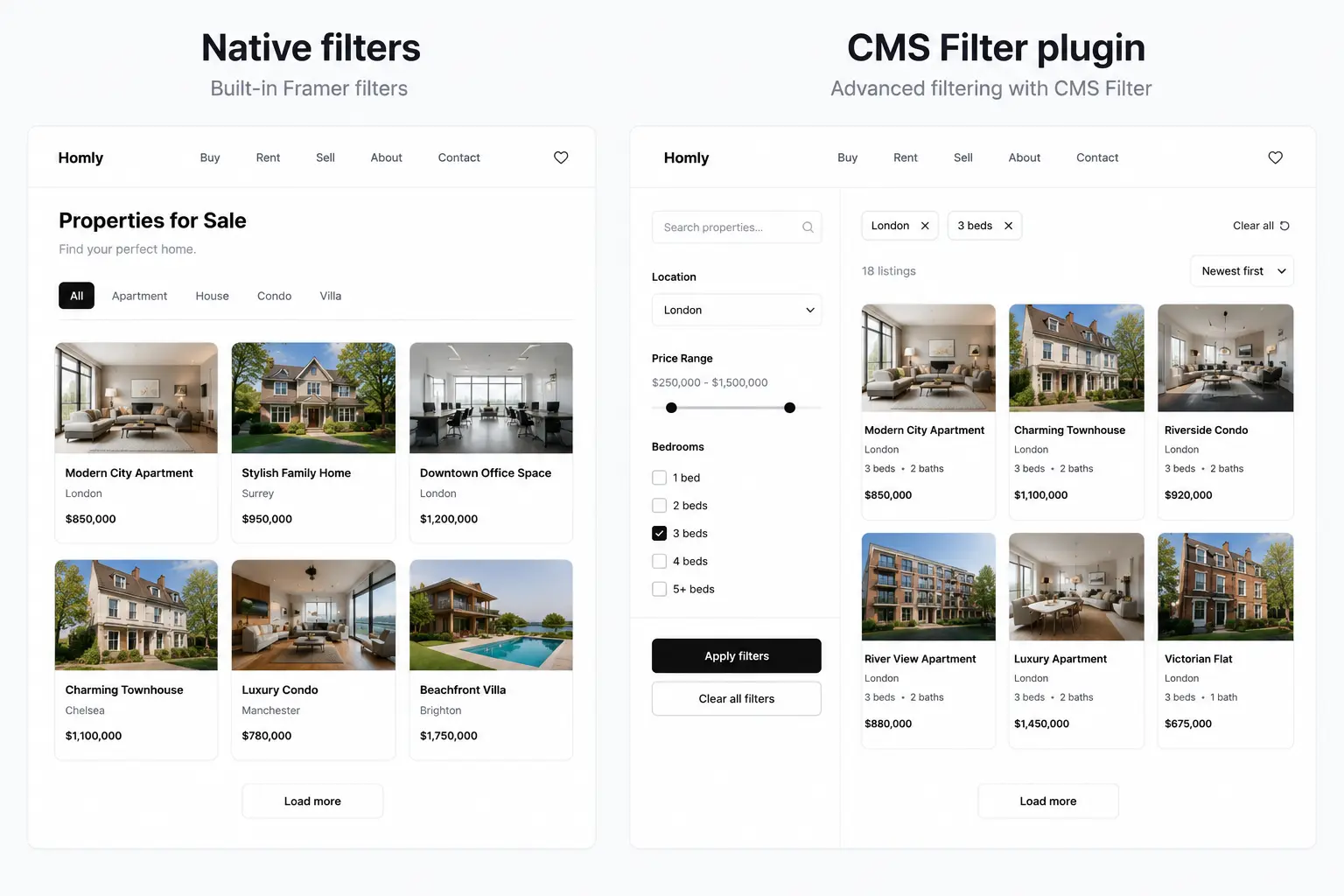 Comparison of native Framer filtering versus Framer CMS Filter plugin for a real estate directory site