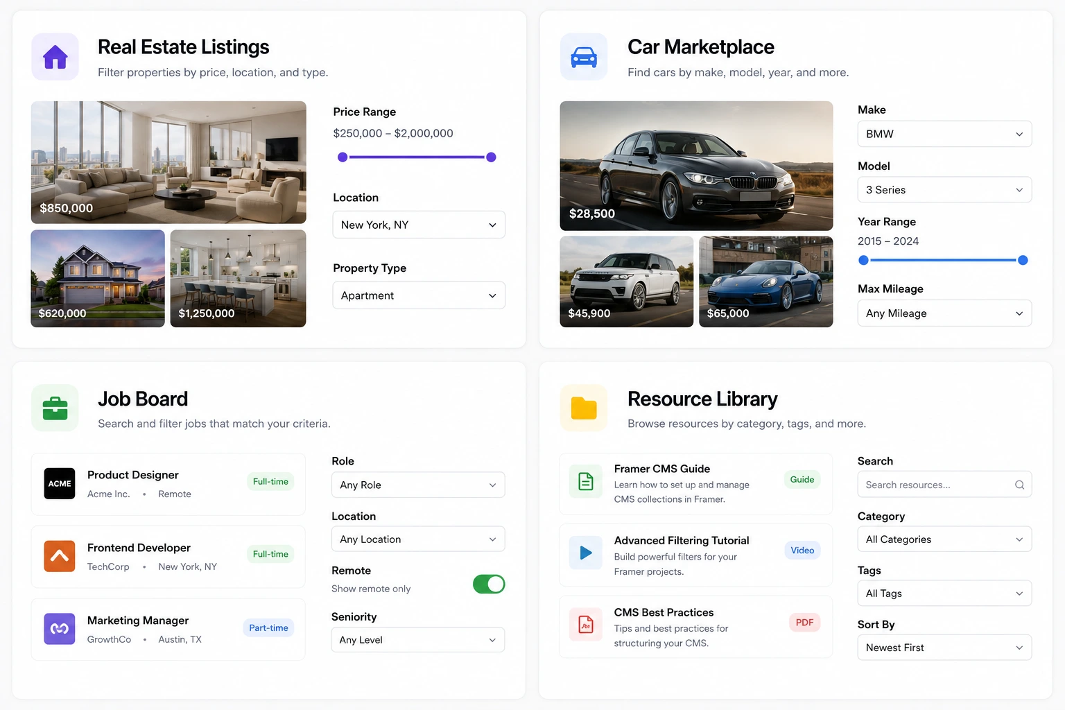 Four project types requiring advanced Framer CMS filtering: real estate, cars, job board, resource library