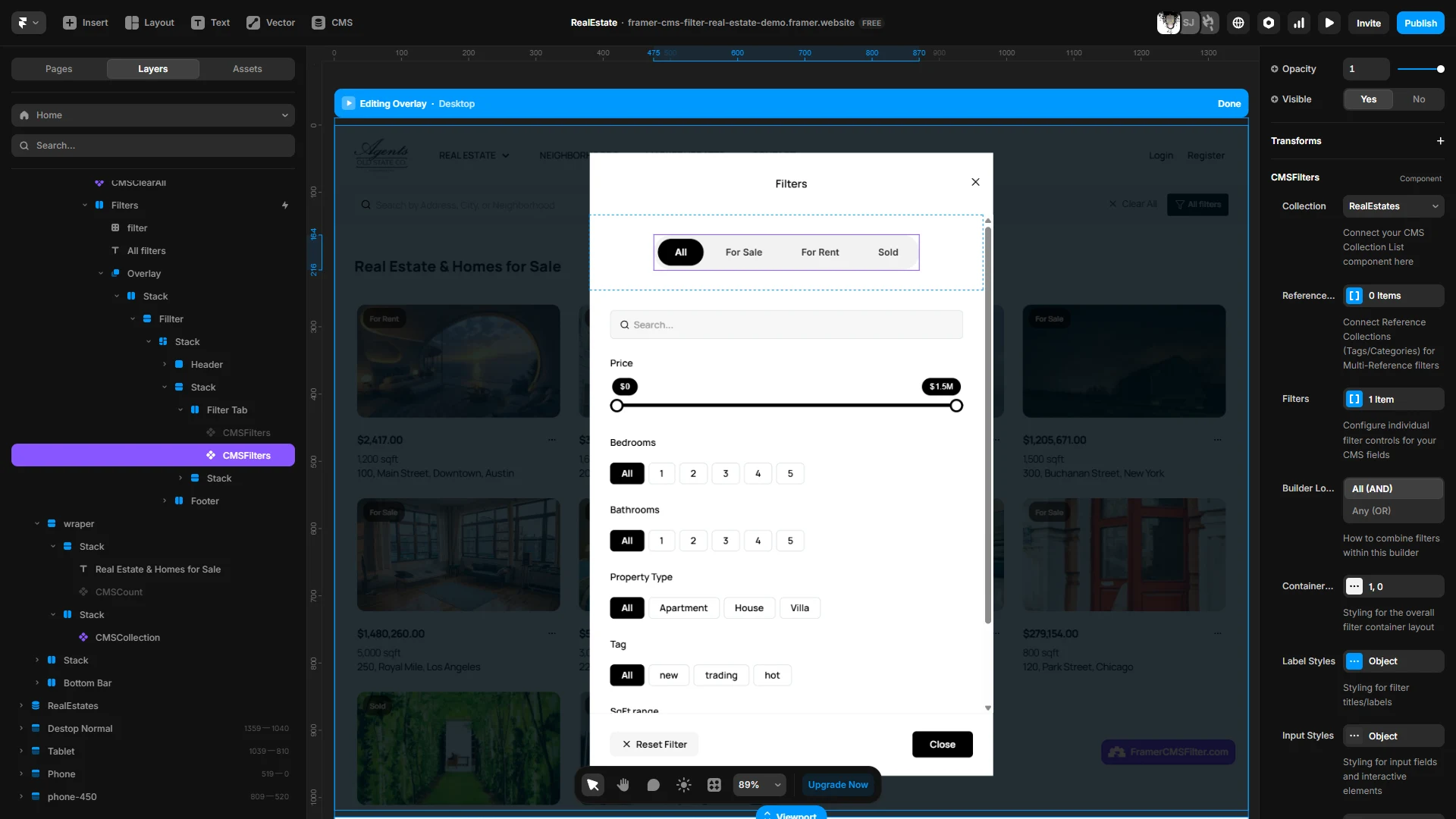 Framer Dynamic Filters configuration panel