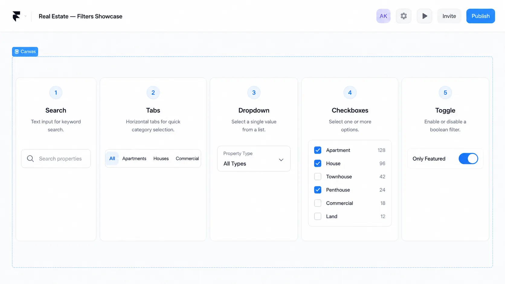 Five native Framer Dynamic Filter types shown side by side: search, tabs, dropdown, checkboxes, and toggle