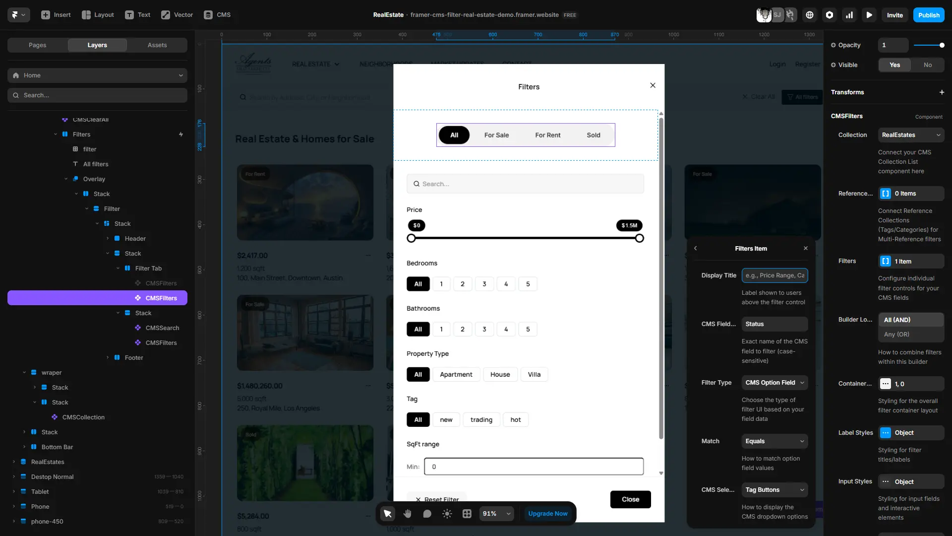 Framer Filters panel open for a Collection List