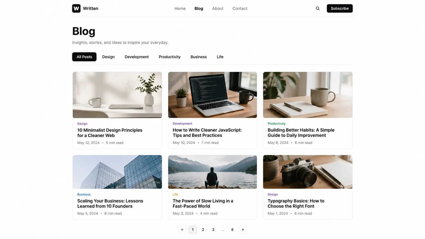 Simple blog page using native Framer Dynamic Filters with category tab navigation